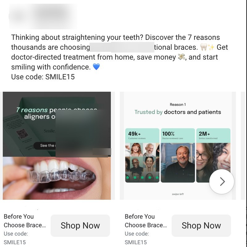 clear aligner ad example with identifying details masked